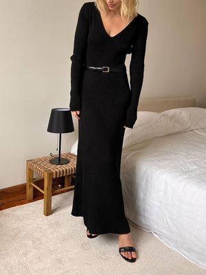 Aurohaya Minimalist Long Sleeve Knitted Maxi Dress Black