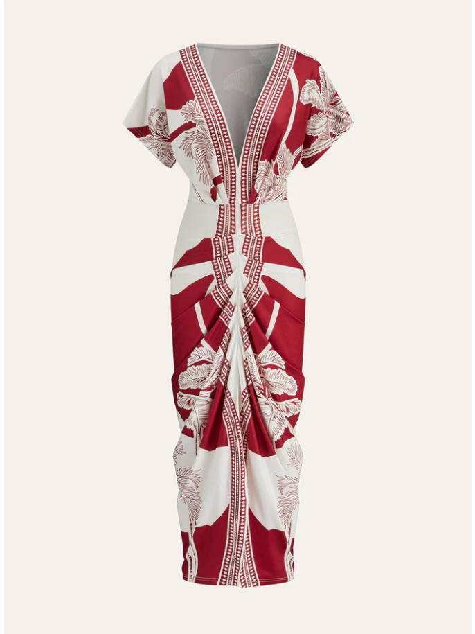 Aurohaya Distinctive Printed V-Neck Midi Dress Red