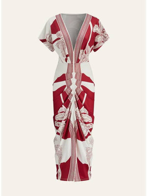 Aurohaya Distinctive Printed V-Neck Midi Dress Red