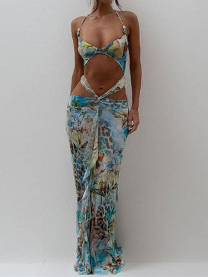 Aurohaya Sexy Hip-Lifting Strappy Printed Beach Dress Blue