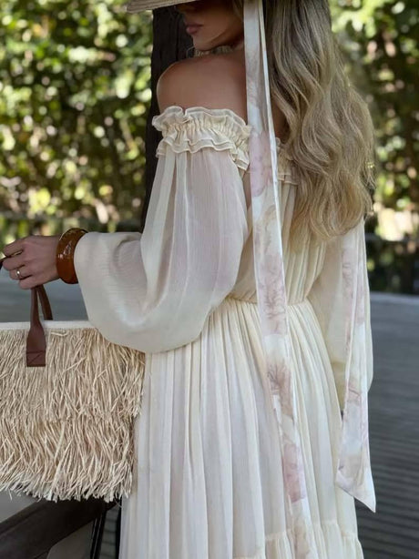 Aurohaya Vacation Style Off-shoulder Lace-up Long Sleeve Maxi Dress
