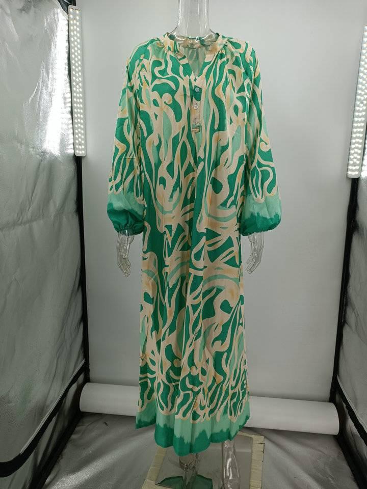 Aurohaya Printed V-neck Long-sleeved Loose Dress