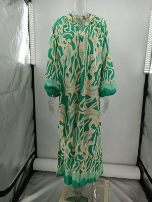 Aurohaya Printed V-neck Long-sleeved Loose Dress