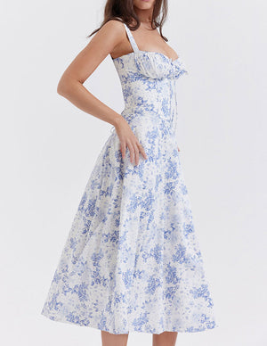 Aurohaya Rose Print Herringbone Slip Dress