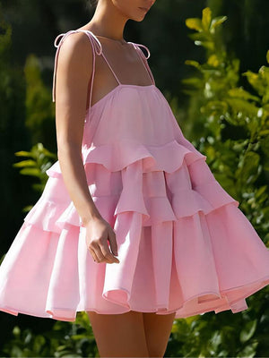 Aurohaya Multi-layer Ruffled Backless Slip Dress Pink