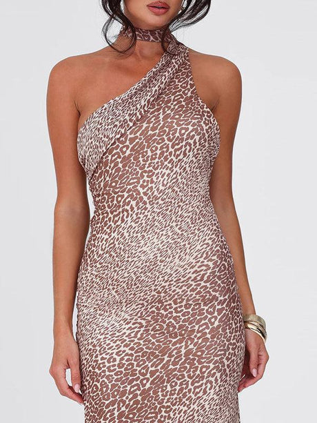 Aurohaya Sloping Shoulder Halterneck Long Ribbon Leopard Backless Dress