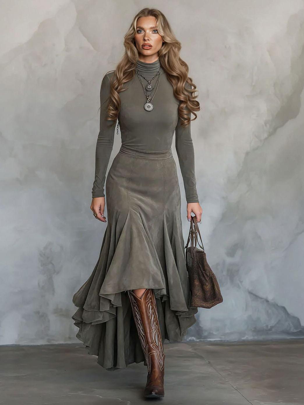Aurohaya Retro Suede Irregular Midi Skirt Two-piece Set Gray Set