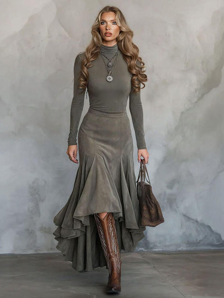 Aurohaya Retro Suede Irregular Midi Skirt Two-piece Set Gray Set