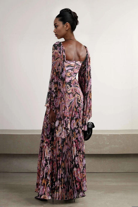 Aurohaya Exquisite Printed Metallic Pleated Chiffon Trumpet Sleeve Maxi Dress