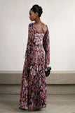 Exquisite Printed Metallic Pleated Chiffon Trumpet Sleeve Maxi Dress