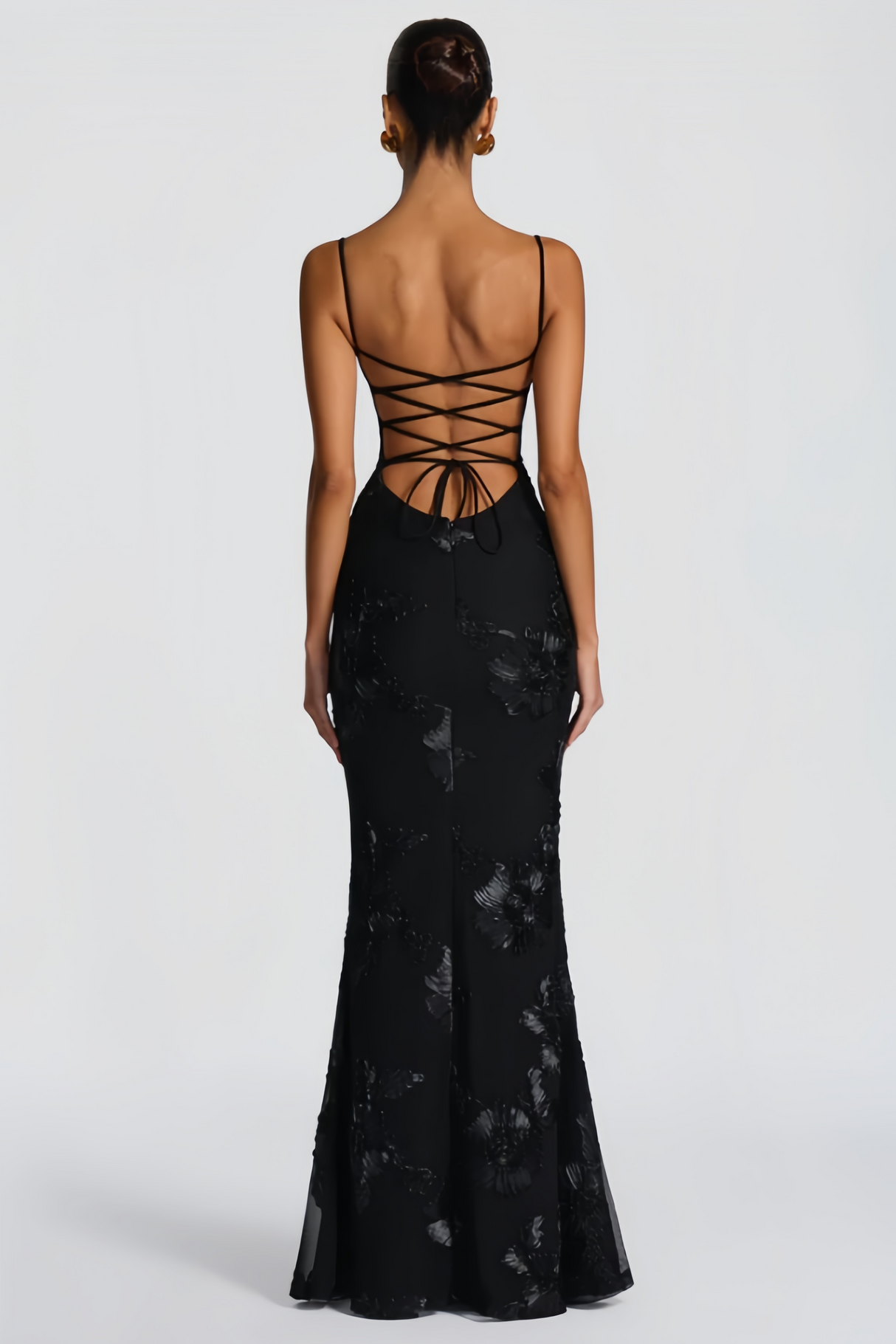 Aurohaya Théoline Black Floral Appliqué Corset Maxi Dress