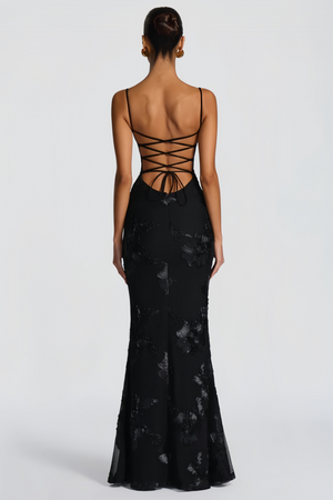 Aurohaya Théoline Black Floral Appliqué Corset Maxi Dress