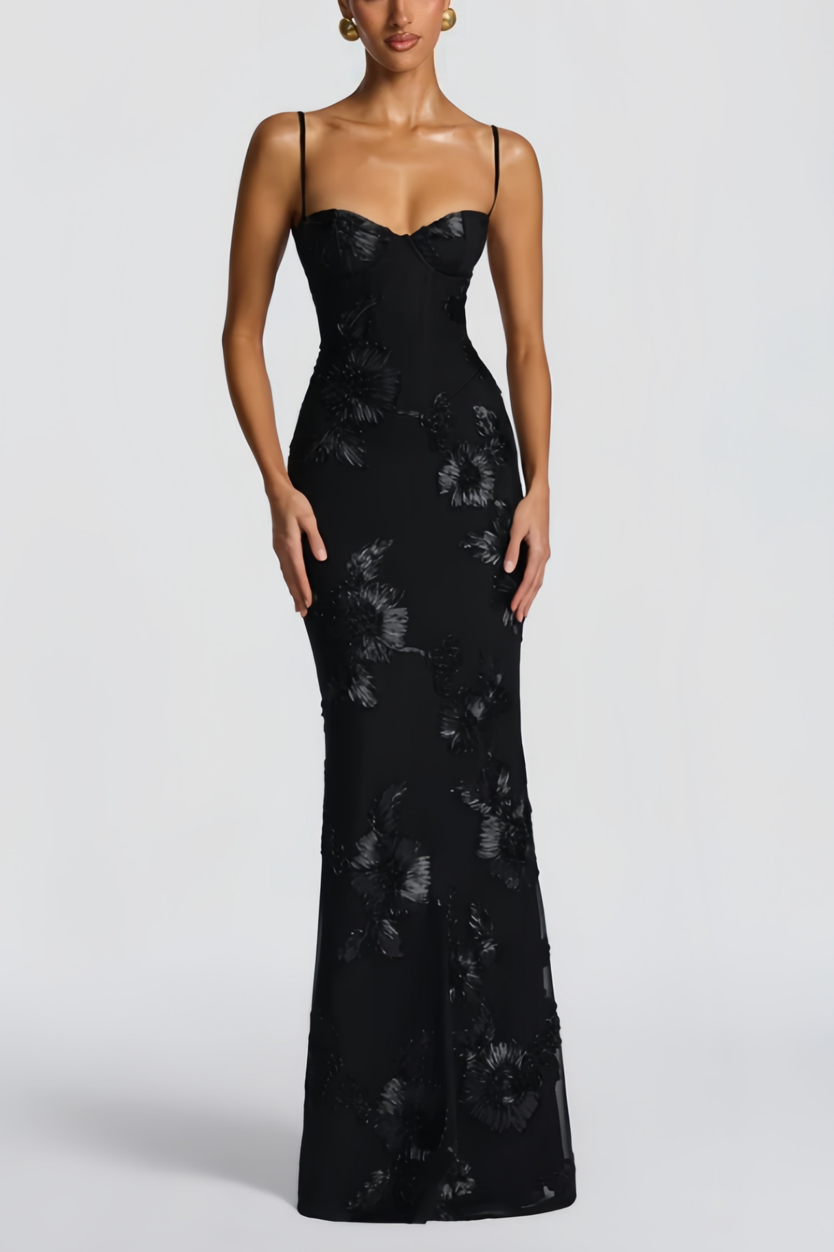 Aurohaya Théoline Black Floral Appliqué Corset Maxi Dress