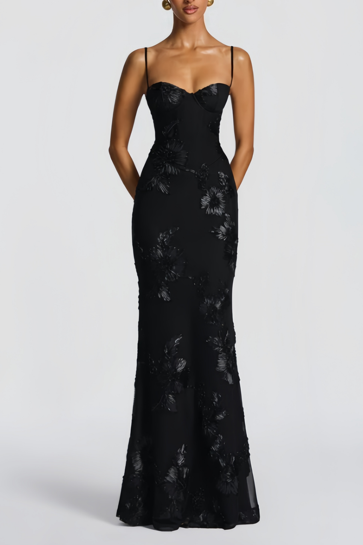 Aurohaya Théoline Black Floral Appliqué Corset Maxi Dress
