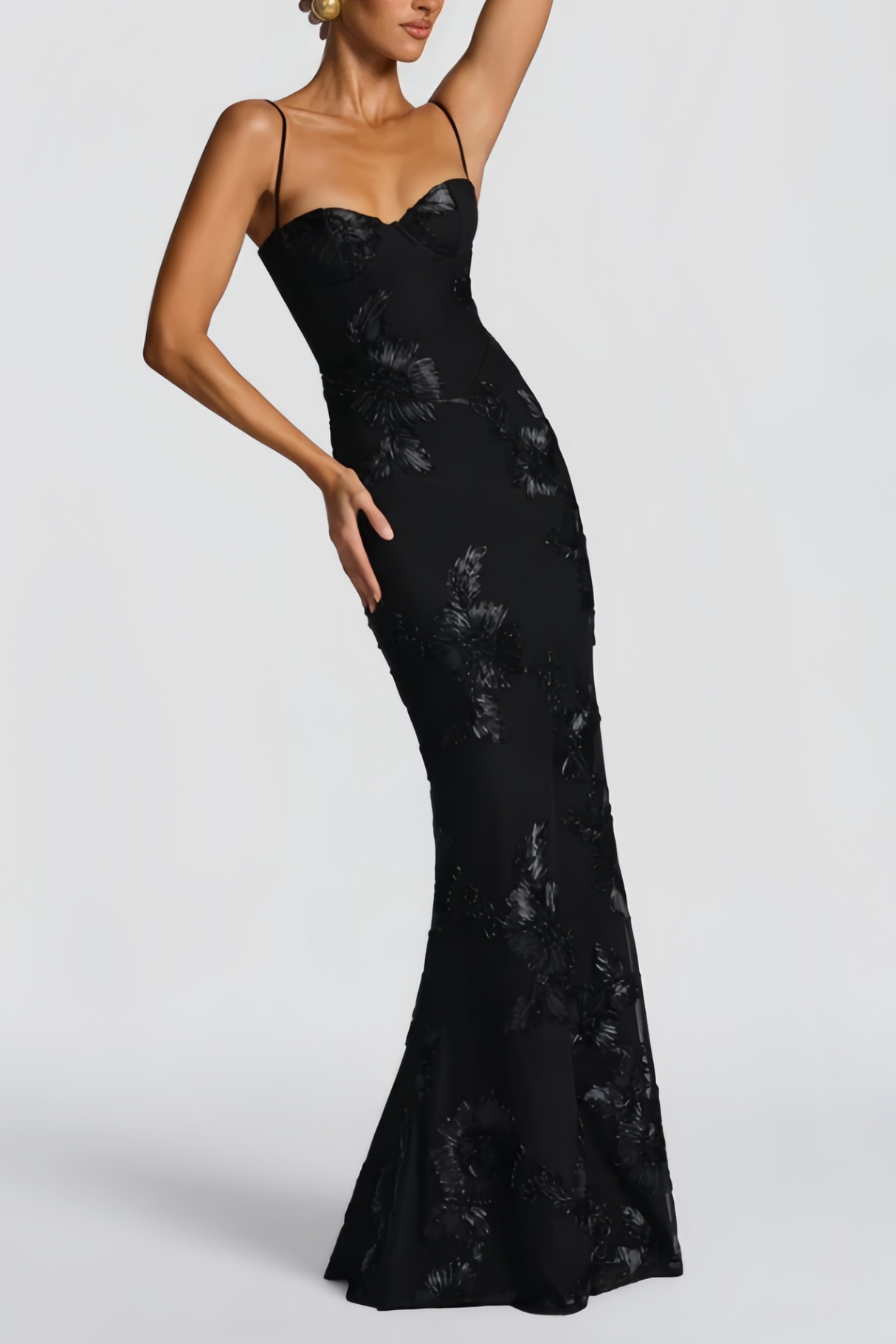 Aurohaya Théoline Black Floral Appliqué Corset Maxi Dress