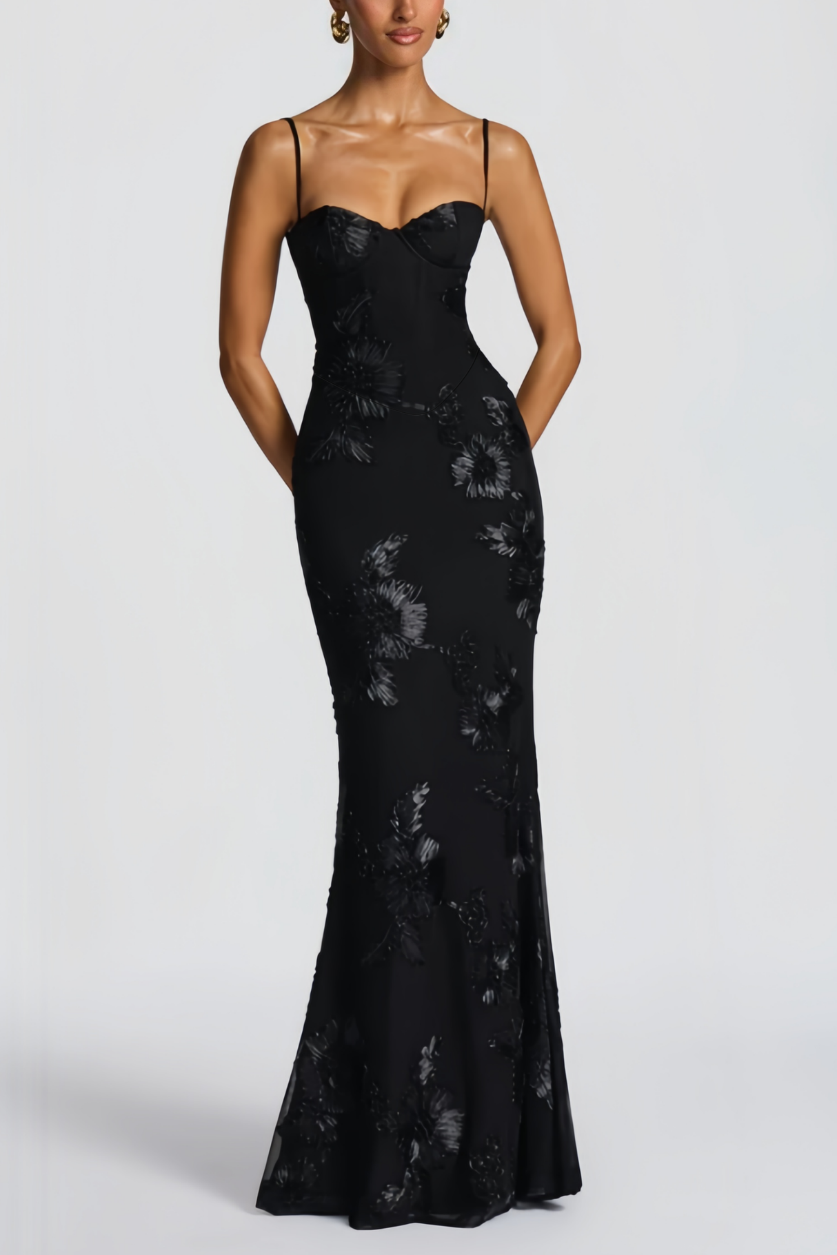 Aurohaya Théoline Black Floral Appliqué Corset Maxi Dress
