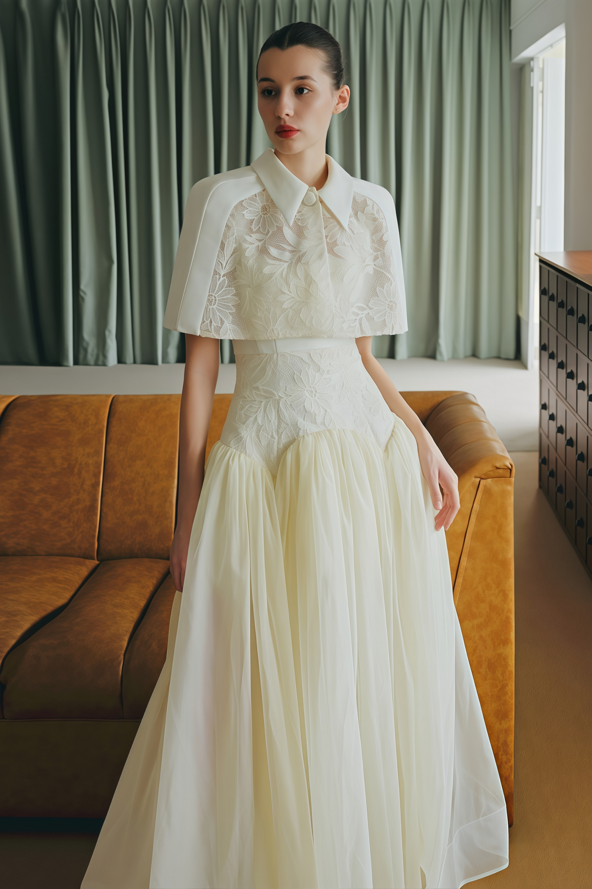Aurohaya Brooke White Lace Panel Cape & Dress Set