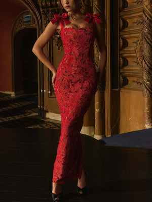 Aurohaya Elegant Bow Strap Festive Maxi Dress