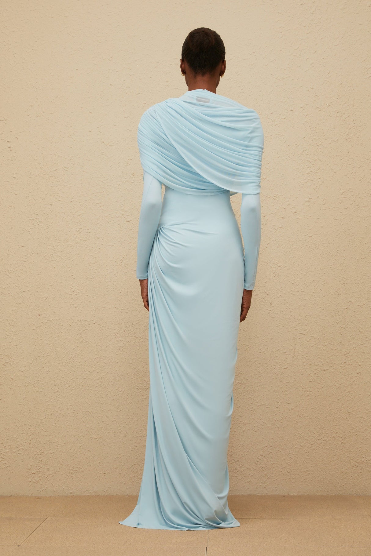 Aurohaya Catherine Baby-Blue Asymmetrical Pleated Long-Sleeve Maxi Dress