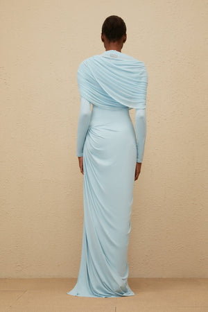 Aurohaya Catherine Baby-Blue Asymmetrical Pleated Long-Sleeve Maxi Dress