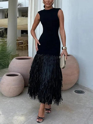 Aurohaya Elegant Raffia Fringed Midi Dress Black