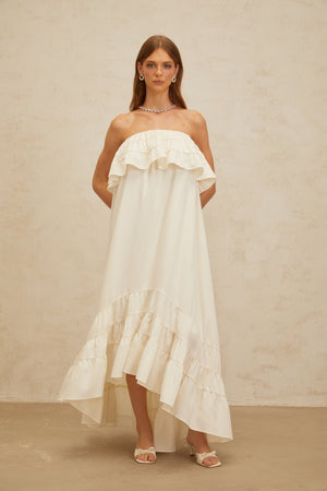 Aurohaya Bénédicte White Vibrant Off Shoulder Shirred Maxi Dress