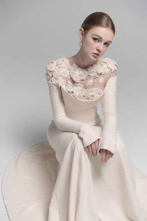 Aurohaya Silvia White Floral Appliqué Off-Shoulder Gown