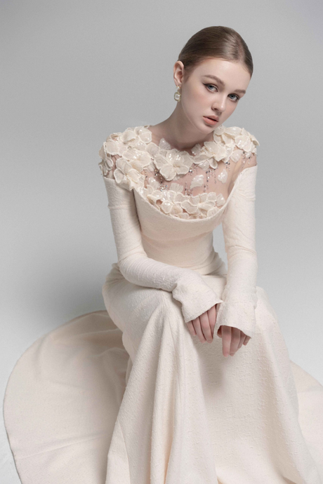 Aurohaya Silvia White Floral Appliqué Off-Shoulder Gown