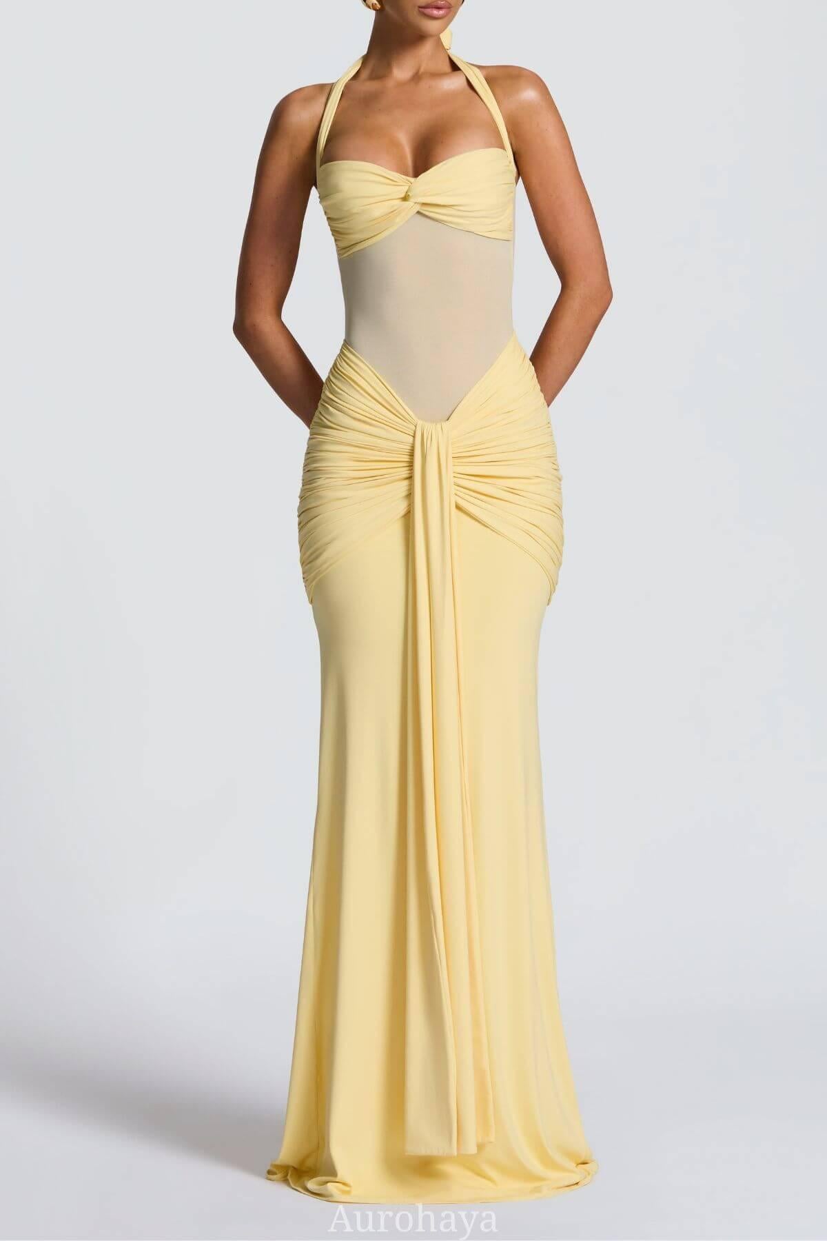 Aurohaya Sévara Halterneck Gathered Maxi Dress Yellow