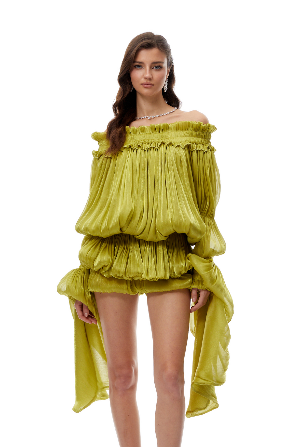 Aurohaya Marcia Green Off Shoulder Shirred Glossy Mini Dress