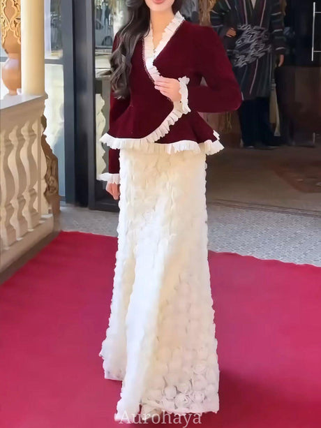 Aurohaya Velvet Ruffle Evening Dress Set — Peplum Blazer & Floral Mermaid Skirt Wine