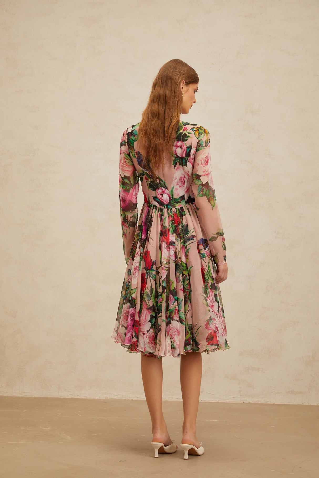 Aurohaya Coralie Pink Rose Print Summer Silk Midi Dress