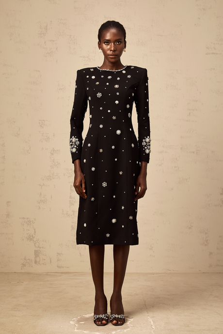Aurohaya Gaëlle black dart-detail embellished midi dress
