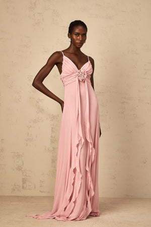 Aurohaya Ysandre Soft-Pink 3D Petal Tulle Maxi Dress