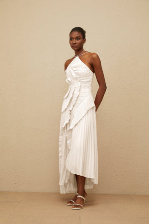 Aurohaya Doux White Ruffled Trim Pleated Midi Dress