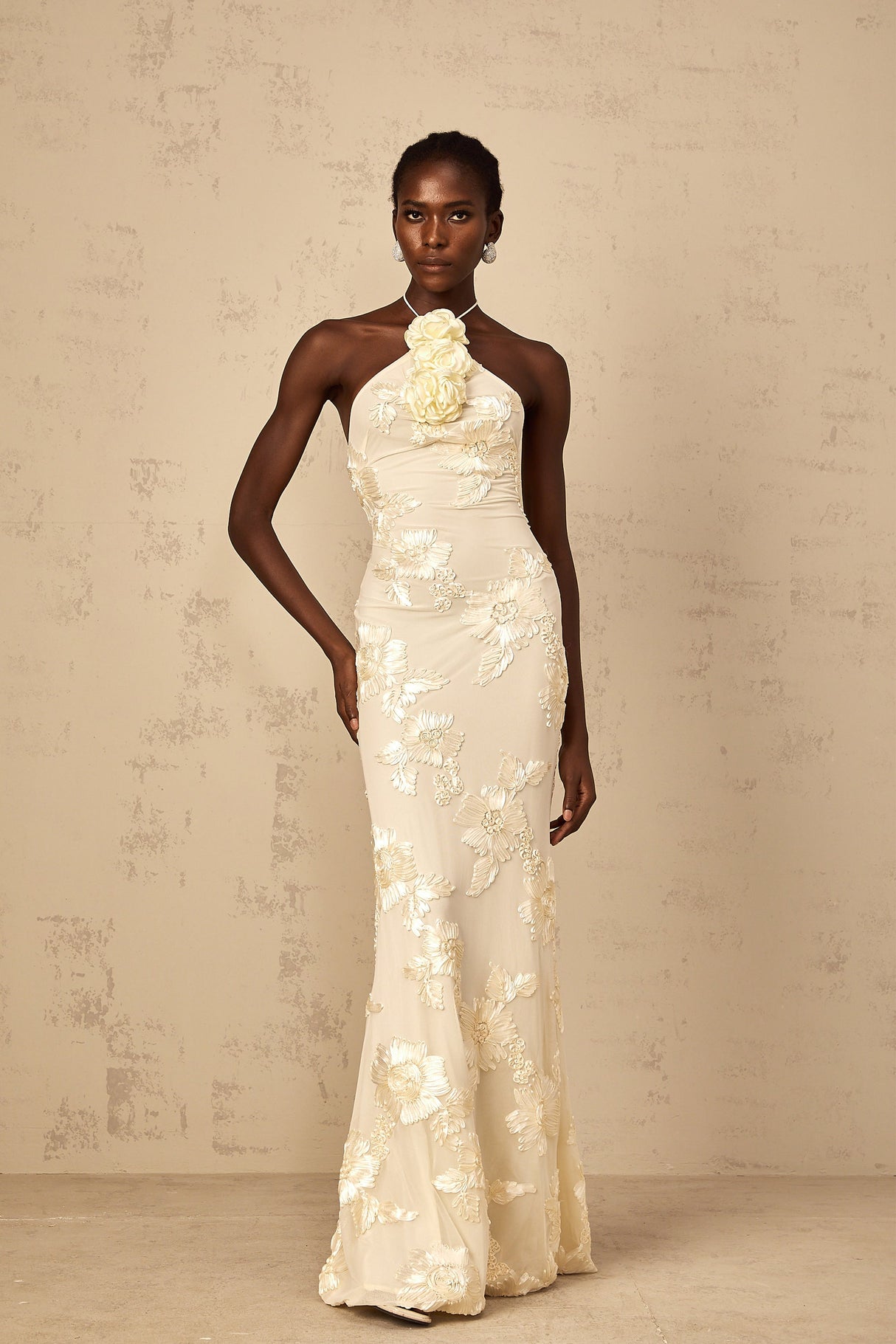 Aurohaya Melanie Neutrals Embroidered Halterneck Maxi Dress
