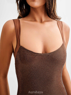 Aurohaya Vespertine Rhinestone Maxi Dress Backless Mesh Evening Gown