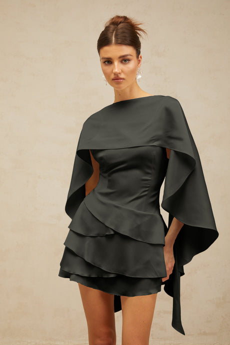 Aurohaya Lyna Black Satin Ruffled Mini Dress with Shawl Panel Detail