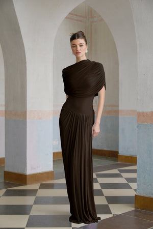 Aurohaya Catherine asymmetrical pleated maxi dress in Brown