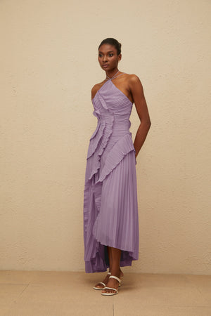 Aurohaya Doux Purple Ruffled Trim Pleated Midi Dress
