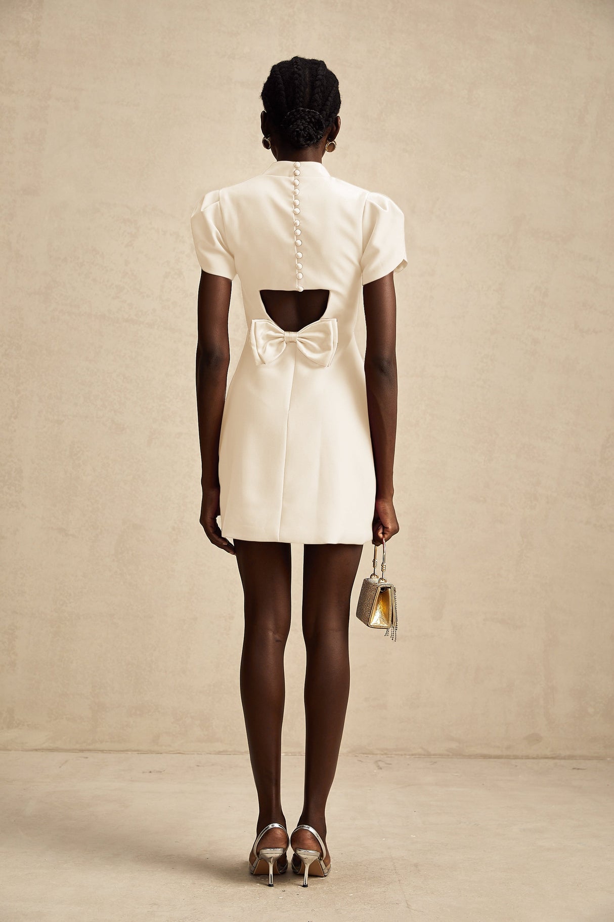 Aurohaya Anna White Petal Sleeve Cut Out Bow Mini Dress