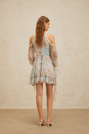 Aurohaya Glannon Blue Floral Print Silk Mini Dress