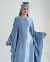 Wrinkled Satin Sky Blue Butterfly Abaya Dress