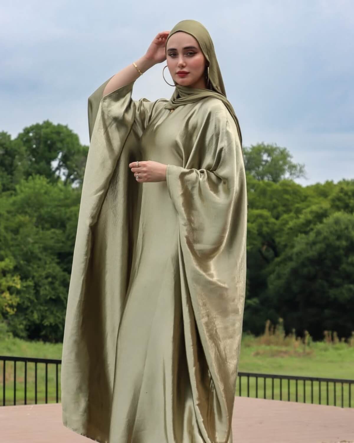 Wrinkled Satin Light Green Butterfly Abaya Dress