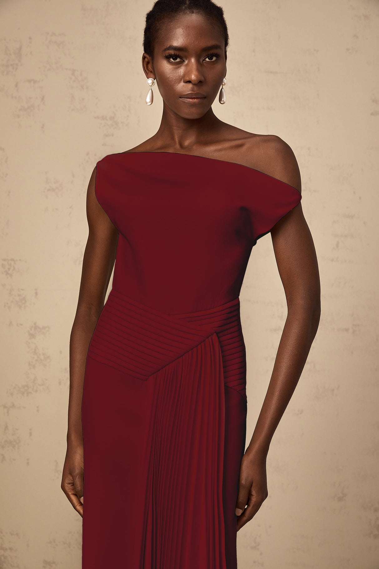 Aurohaya Laurine asymmetrical draped midi dress in Burgundy
