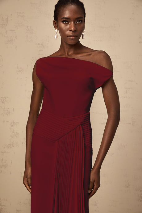 Aurohaya Laurine asymmetrical draped midi dress in Burgundy