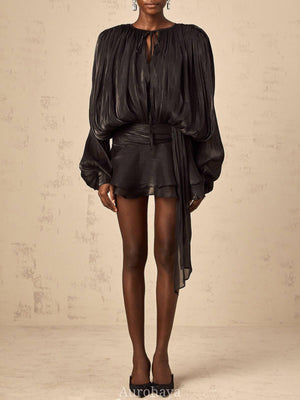 Aurohaya Amélie Fully Pleated Ruffled Mini Dress Black