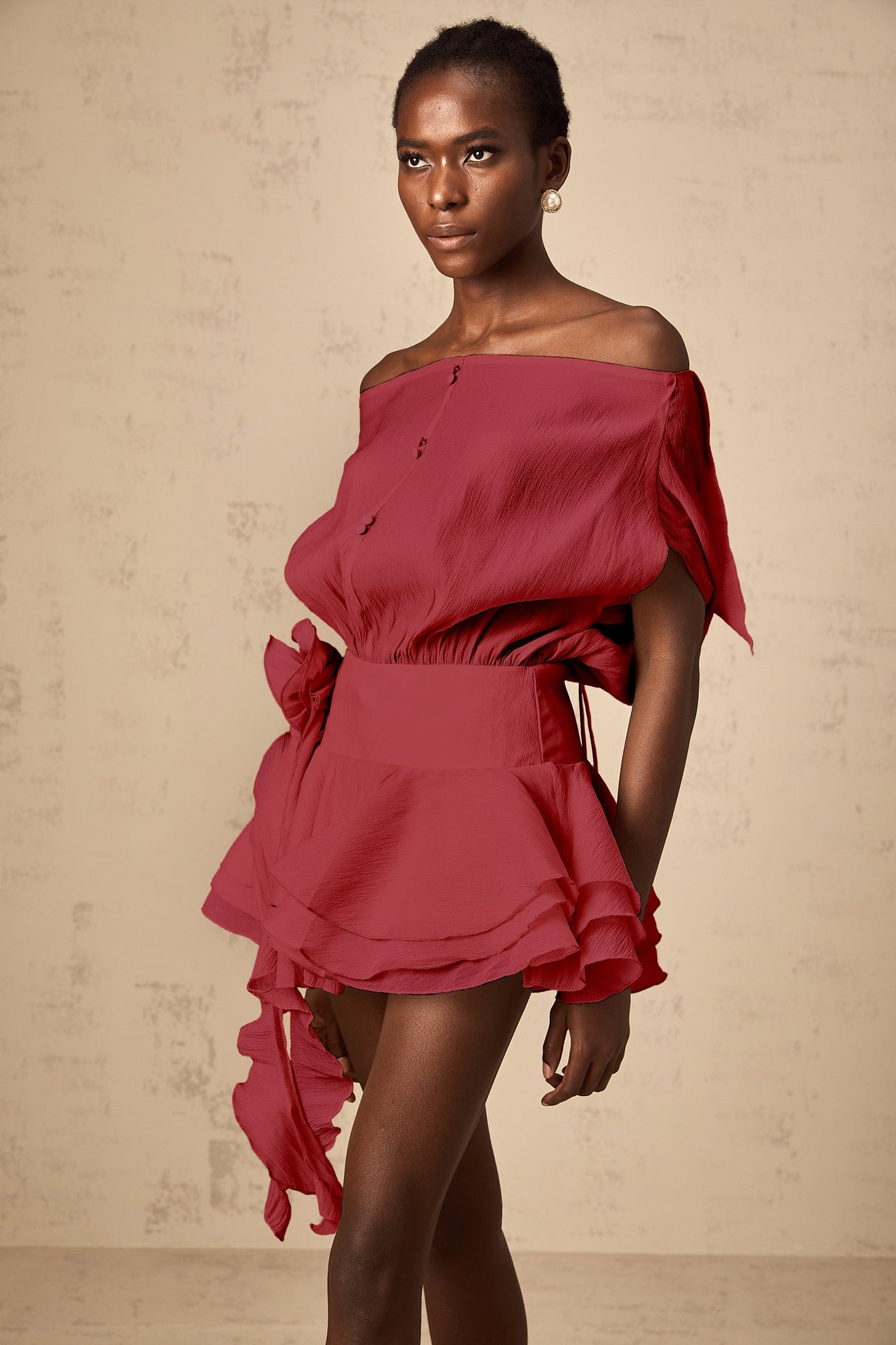 Aurohaya Amélie Red Floral Appliqué Flounced Mini Dress