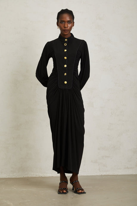 Aurohaya Brooklyn Black Gathered Draped Maxi Dress