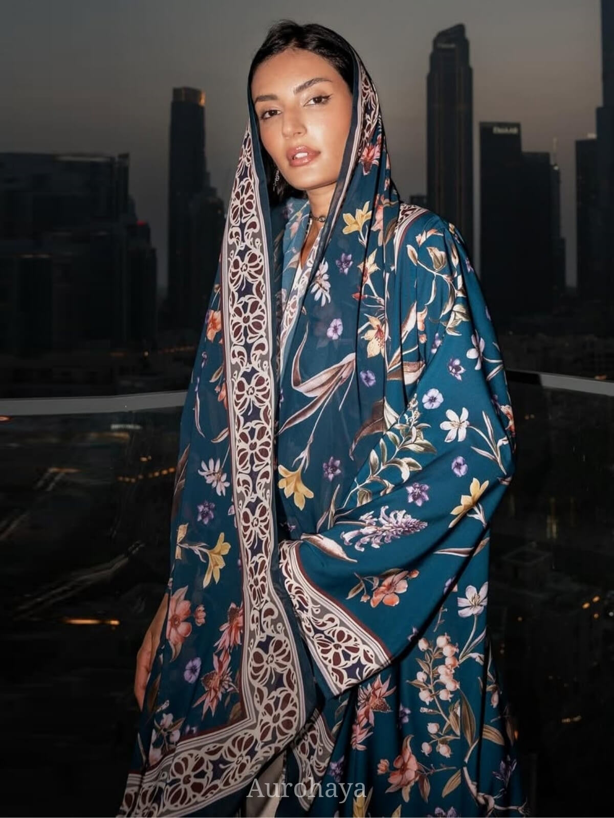 Floral Printed Open Abaya with Hijab 2-Piece Set